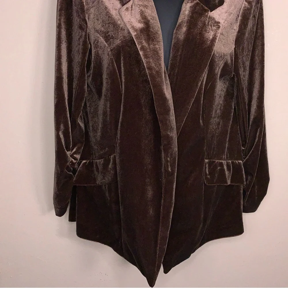 Y2K Era Small Cato Brown Velour Stretch Blazer Ruched 3/4 Length Sleeve